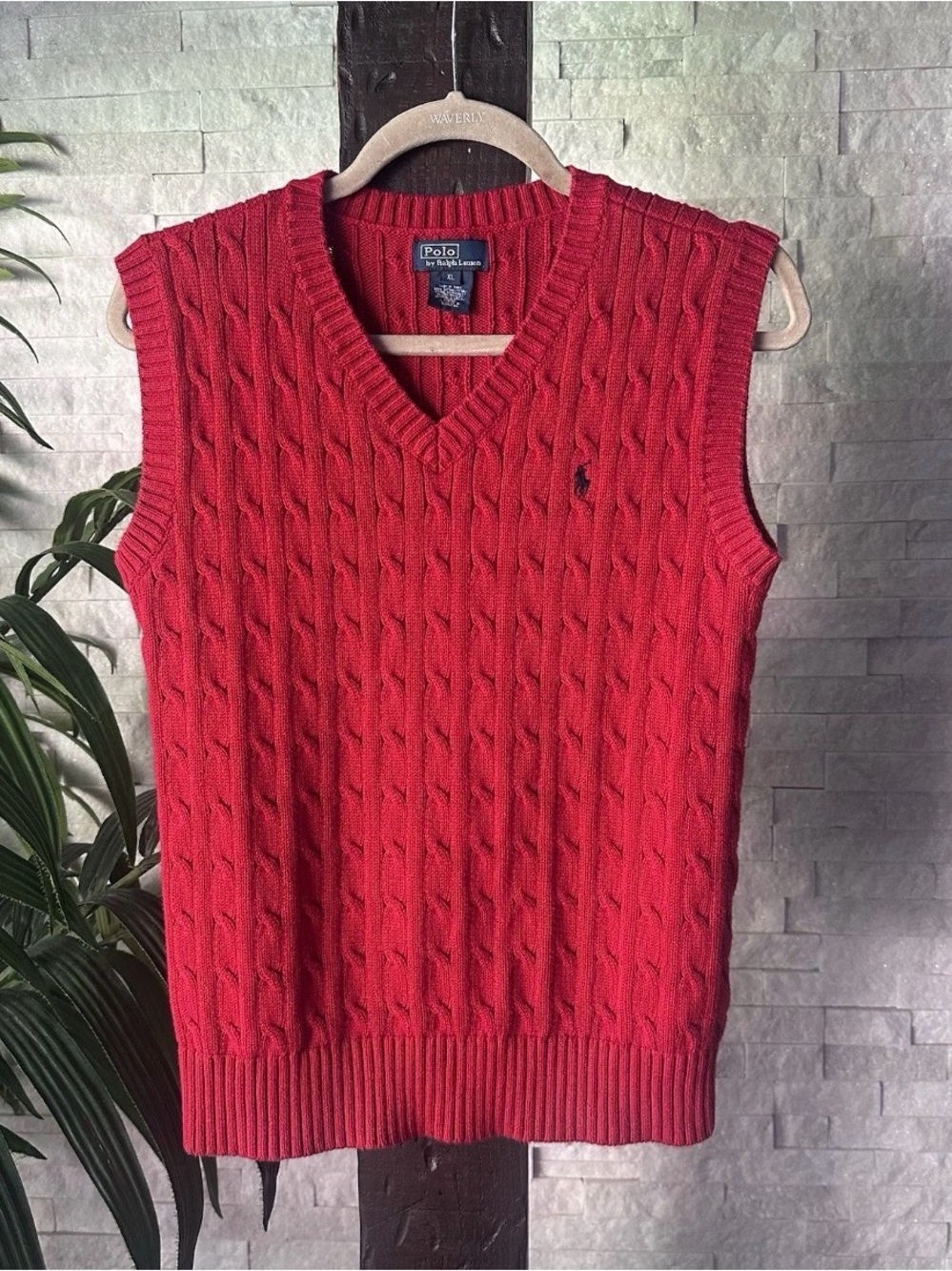 Polo Ralph Lauren Tomato Red Cable-Knit V-Neck Cotton Sweater Vest Size XL